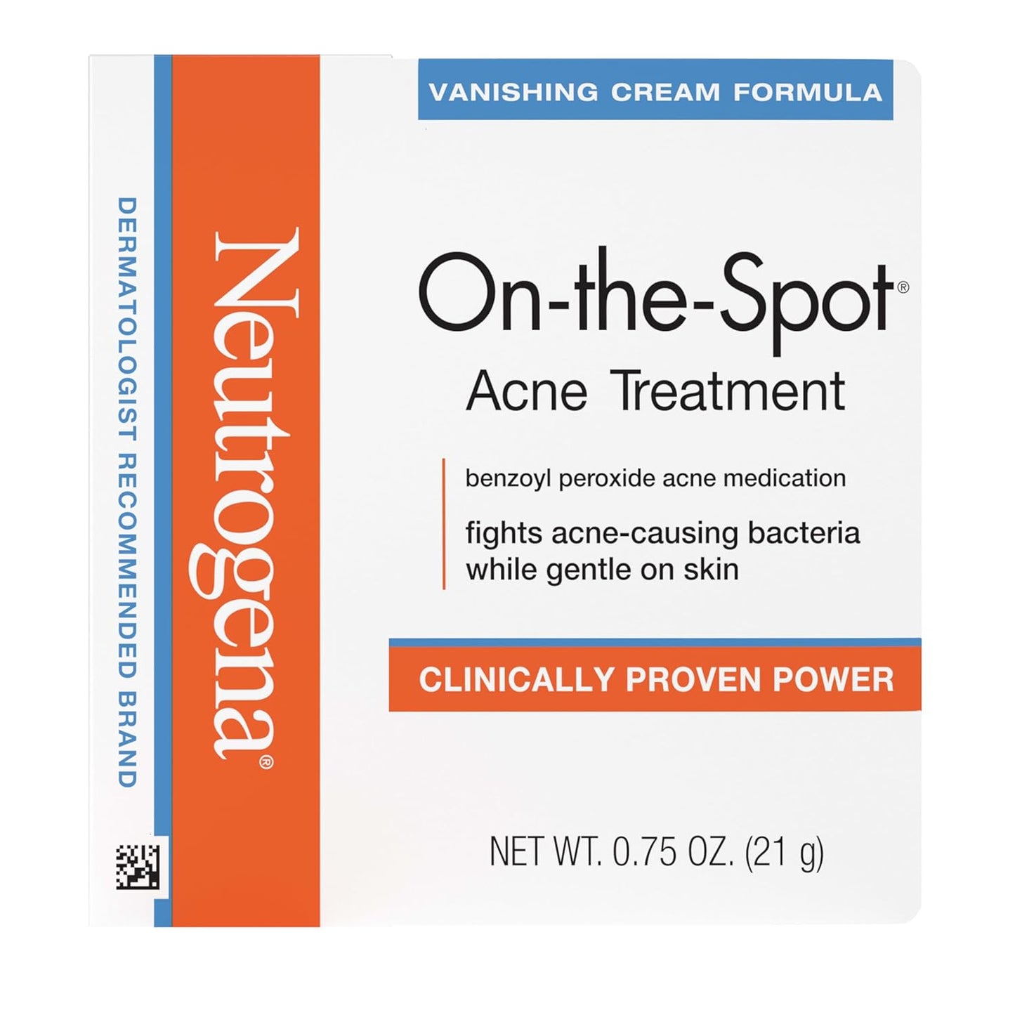 Neutrogena On-The-Spot Acne Spot Treatment Cream, 0.75 Oz | 2.5% Benzoyl Peroxide, Gentle Blemish Medicine, Acne-Prone Skin, Vanishing Formula, Clinically Proven Day-1 Results
